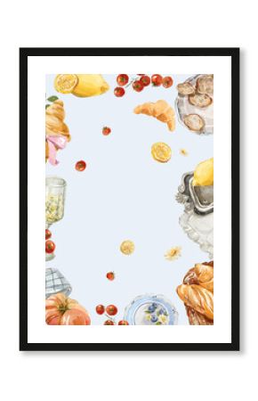 Watercolor template frame. Hand drawing poster of yellow lemons, jam, fresh food, bakery, countryside elements. Vintage print in cottage core style for design, restaurant menu