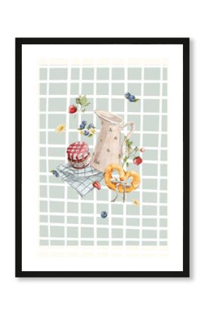 Watercolor template frame. Hand drawing poster of jam, fresh food, bakery, countryside and picnic elements. Vintage print in cottage core style for design, restaurant menu