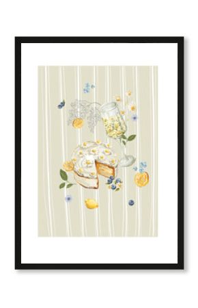 Watercolor template frame. Hand drawing poster of yellow lemons, jam, fresh food, cake, countryside elements. Vintage print in cottage core style for design, restaurant menu