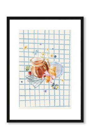 Watercolor template frame. Hand drawing poster of jam, fresh food, bakery, countryside and picnic elements. Vintage print in cottage core style for design, restaurant menu