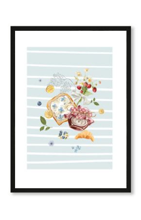 Watercolor template frame. Hand drawing poster of jam, fresh food, bakery, countryside and picnic elements. Vintage print in cottage core style for design, restaurant menu