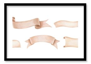 Watercolor set of decorative ribbons and banners for text placement. Hand painted decorative templates isolated illustration for invitations, greeting cards, social media posts, packaging design.