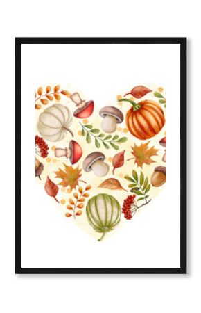 Watercolor heart shape with pumpkins, mushrooms, acorns, rowan berries, and autumn leaves. Cozy seasonal design. Perfect for greeting cards, invitations, posters, and fall decor.