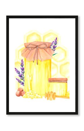 Golden honey composition with lavender, hand drawn watercolor jar and dipper illustration isolated on white background. Can be used for label, postcard scrapbook and other printed products.