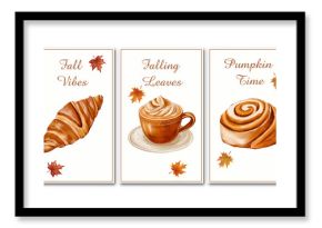 Watercolor croissant, coffee cup with cream, and cinnamon roll with autumn leaves. Cozy fall posters in warm tones, perfect for seasonal wall art, kitchen decor, greeting cards.