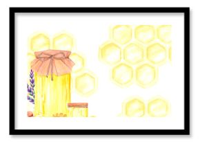 Golden honey comb with honey jar and lavender frame border, hand drawn watercolor cell illustration isolated on white background. Can be used for cards, invitation and other printed products.