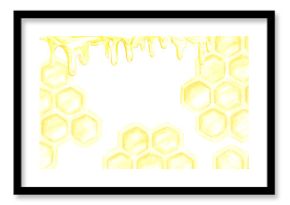 Golden honey comb and liquid banner frame border, hand drawn watercolor cell illustration isolated on white background. Can be used for banner, invitation and other printed products.