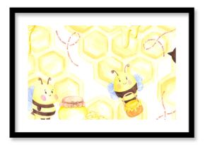 Golden honey comb jars bee seamless frame border, hand drawn watercolor illustration isolated on white background. Can be used for cards, textile tape and other printed products.