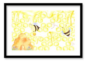 Golden honey comb hive and bees seamless frame border, hand drawn watercolor illustration isolated on white background. Can be used for cards, textile tape and other printed products.