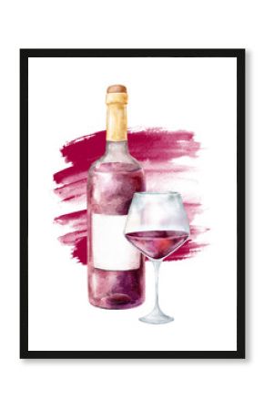 Hand painted watercolor wine compositions isolated on white background. Bottles, glasses, barrels, grapes, figs and splashes. Perfect for invitations, menus, packaging, posters or textile design.