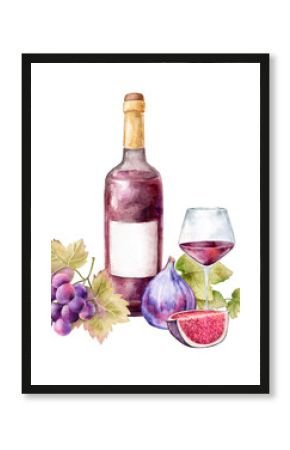 Hand painted watercolor wine compositions isolated on white background. Bottles, glasses, barrels, grapes, figs and splashes. Perfect for invitations, menus, packaging, posters or textile design.
