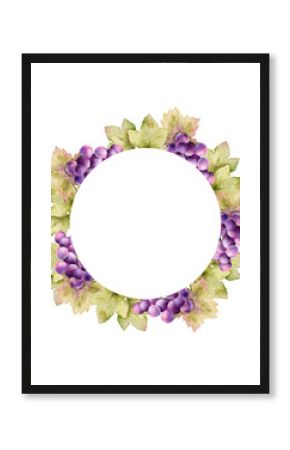 Watercolor round wreath with grapes and green leaves, hand painted in high resolution. Isolated on white background with empty space for text. Perfect for invitations, labels, menus, packaging.