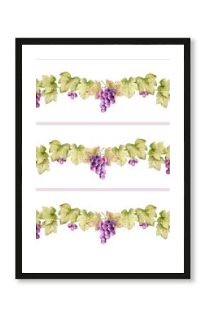 Seamless watercolor pattern with grape clusters and green leaves on white background. Hand painted in high resolution, perfect for fabric prints, packaging, wallpaper, tableware and wine branding.