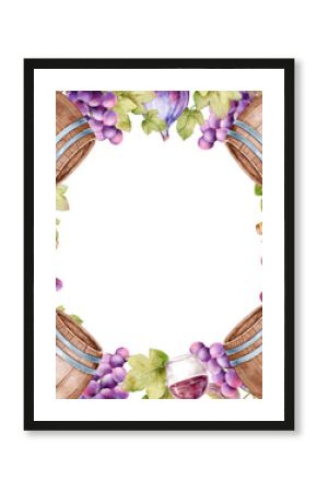 Hand painted watercolor wine frame with barrels, grapes and leaves. Central empty space makes it a ready-to-use template for invitations, menus, posters, wine events, packaging and restaurant branding