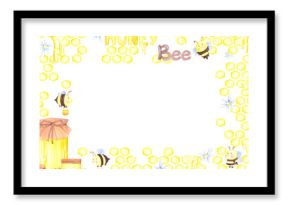 Golden honey comb with honey jar propolis and bees frame border, hand drawn watercolor illustration isolated on white background. Can be used for cards, invitation and other printed products.