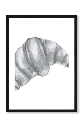 Croissant pencil graphics illustration. Black and white engraved clipart, hand-drawn culinary painting for a bakery, sketches of sweet fresh pastries for a cafe label, logo, and packaging design.