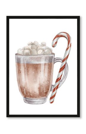 Glass mug with hot chocolate, marshmallows and striped candy cane, watercolor drawing. Perfect for holiday design, greeting cards, menus, posters, winter and Christmas decoration.