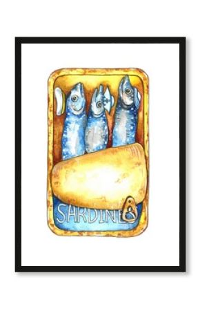 illustration of canned sardines in sailor hats. hand-painted open canned fish in oil.Kitchen poster,menu, restaurants, pillows, T-shirt print.seafood artwork.