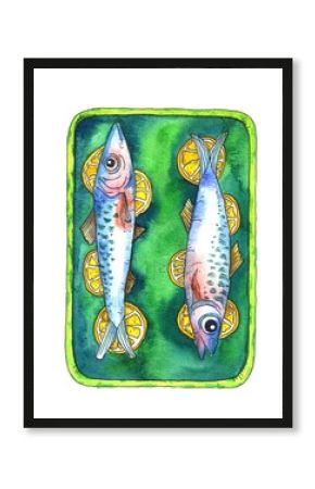 illustration of canned sardines. hand-drawn fish with sliced lemon on a plate.Kitchen poster,menu, restaurants, pillows, T-shirt print.seafood artwork.