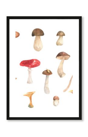 Watercolor set of edible mushrooms harvest autumn clipart. Cute illustration isolated background. Perfect for cards, paper, wrapping, scrapbook, posters
