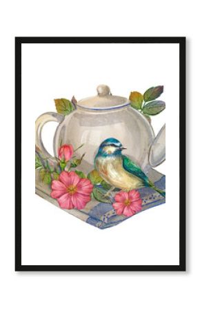 White teapot with green leaves, pink flowers and small blue and yellow bird on folded napkin. Watercolor illustration of autumn comfort. Suitable for postcards, kitchen decor, posters, stickers.