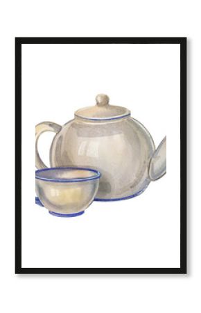 White ceramic teapot with cup on white background. Watercolor illustration have a cozy breakfast. Suitable for postcards, kitchen decor, posters, stickers, invitations, food design, greeting cards.