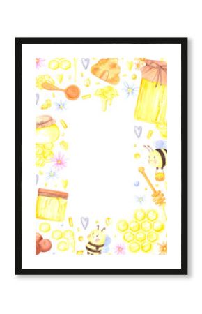 Golden honey comb with honey jar propolis and bees postcard frame border, hand drawn watercolor illustration isolated on white background. Can be used for cards, invitation and other printed products.