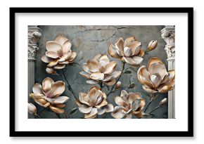 Beige and gold magnolia wallpaper 3D relief on gray grunge wall. Luxury floral mural with classic columns. Abstract botanical illustration for prints.