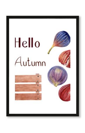Figs and rustic wooden crate autumn set. Hand-painted Watercolor seasonal illustrations with text Hello Autumn. Perfect for fall invitations, holiday cards, packaging, and cozy kitchen decorations