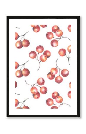 Seamless pattern with red berries. Hand-painted watercolor illustration isolated on white for printing on textile, wallpaper, packaging, cards, invitations, posters, backgrounds, seasonal decor