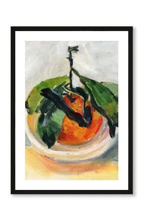 Still life with tangerine. Oil painting.  Hand-drawn illustration.