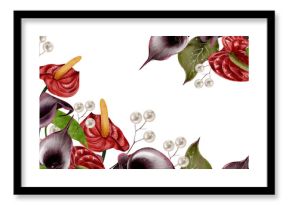 Anthurium and calla floral frame, watercolor drawing with pearls and green leaves on white background. Great for wedding invitations, greeting cards, posters, packaging and elegant decor.