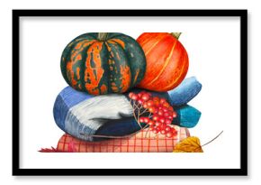 Hand drawn composition featuring harvest, pumpkins, rowan berries, autumn leaves, and a blanket. Watercolor illustration.