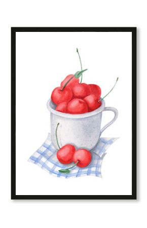 Watercolor illustration of red cherries in white enamel cup on blue checkered napkin isolated on white background. Summer clipart for seasonal designs, kitchen decor, food packaging, cafe menus, cards
