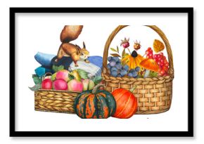 Hand drawn composition featuring harvest, pumpkins, basket, rowan berries,flowers, autumn leaves, and a blanket with squirrel. Watercolor illustration.