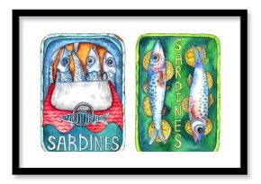 set of Sardines.painted sardines in tin can.Print for kitchen posters,packaging, prints, textiles,T-shirts, menus.sardines element object,canned fish artwork,fish products in bright doodle style