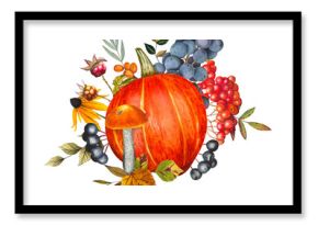 Hand drawn composition featuring harvest,orange pumpkin, rowan berries, grape, mushroom, autumn leaves. Watercolor