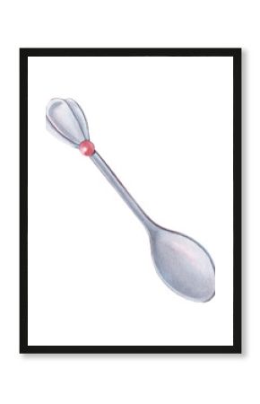 Metal detailed spoon. Hand-painted watercolor illustration isolated on white background. Perfect for kitchen prints, menus, recipe cards, packaging, cafe branding, textile, rustic home decor design