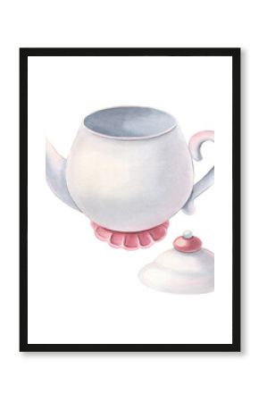 White ceramic teapot with lid and pink details. Hand-painted watercolor illustration isolated on white. Perfect for kitchen prints, packaging, menus, tea branding, cards, textile, home decor design