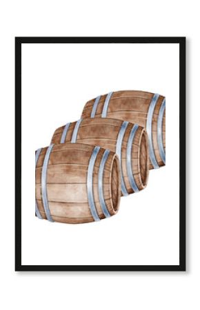 Watercolor illustration of three wooden wine barrels painted in rustic style. Perfect for vineyard branding, beverage packaging, restaurant decor, or traditional winery design concept