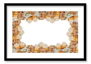 Watercolor illustration festive frame made of gingerbread cookies trdelnik rolls with cream dried orange slices and holiday tags. Illustration for winter packaging cards menus posters bakery branding.