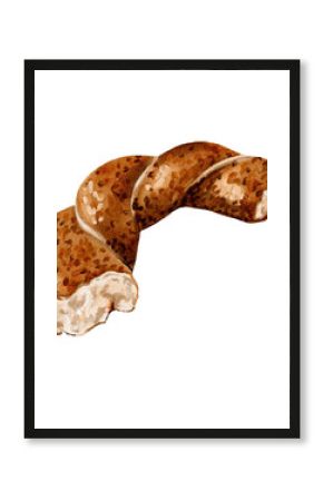 Turkish traditional simit. Half a bagel. Broken bagel. Fresh baked goods. Perfect breakfast. twisted bun. Watercolor illustration without background