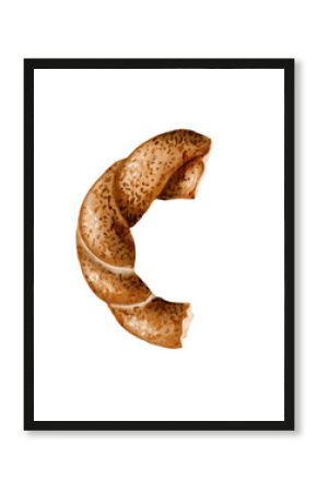 Turkish traditional simit. Half a bagel. Broken bagel. Fresh baked goods. Perfect breakfast. Top view. Watercolor illustration without background