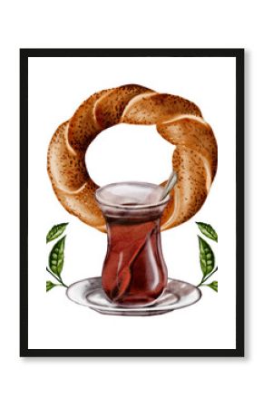 Turkish breakfast. Simit bagel and tea in a glass. glass on saucer. Black strong tea. Traditional snack. Watercolor illustration