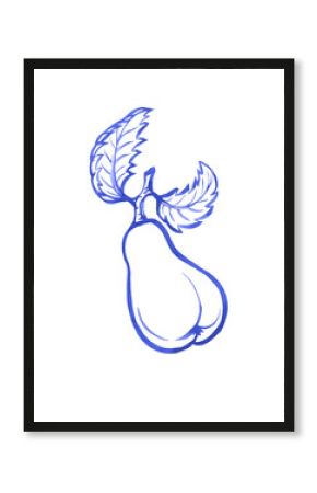 Close-up of pear with leaves in blue retro style. Hand drawn monochrome watercolor painting illustration isolated on white background