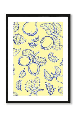 Seamless pattern with outline painting of pears and apples in blue retro style. Hand drawn monochrome watercolor illustration isolated on yellow background