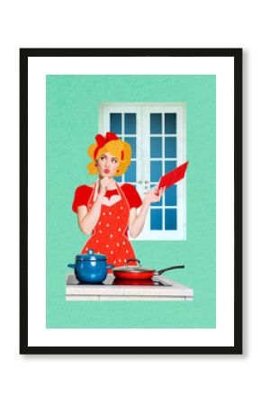 Composite trend artwork sketch image photo collage of young lady housewife domestic chores hold open book recipe cooking kitchen dinner