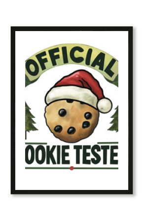 Festive and whimsical Christmas-themed design featuring a chocolate chip cookie wearing a Santa hat with "Official Cookie Tester" text. Ideal for holiday merchandise, cards,