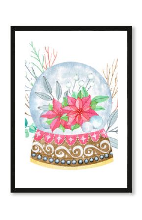 Watercolor vintage snow globe with winter decorative composition. Hand drawn illustration, sketch  isolated on white. Design element for greeting card, invitation, New Year and Christmas clip art.