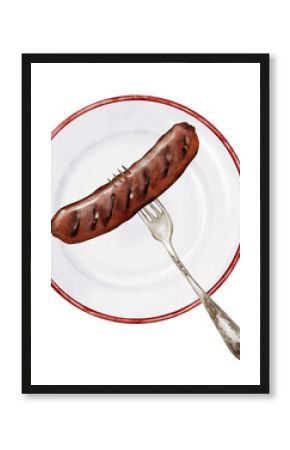 Sausage with fork on a plate watercolor. Hand drawn hot dog on isolated white background. Clipart of grilled sausage. Food illustration. Ideal for posters and menus of restaurants, bars. Oktoberfest